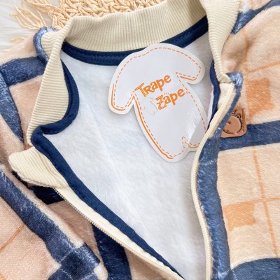 Conj. Casaco Xadrez com Ursinho e Calça de Pelinho - Areia e Azul Jeans